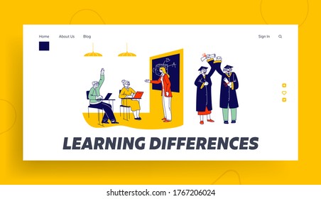 Senior Students Learning in University Landing Page Template. Aged Characters Rising Hand for Answering Class, Aged People in Bachelor Gown and Hat Demonstrate Certificates. Linear Vector Illustration