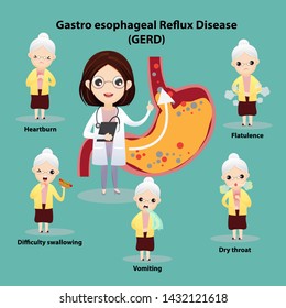 Senior Suffering From Stomach Painful Or Acid Reflux Or Heartburn, Gas, Bloating, Belching And Flatulence.  Vector, Illustration