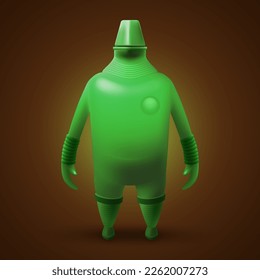 Senior Super Hero Robot Defender of the Universe. Tough Green Fat Bot Humanoid Mascot Character Illustration on Dark Backdrop