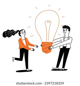 Senior supervisor Give a light bulb to a newcomer. Hand drawing vector illustration line art doodle style.