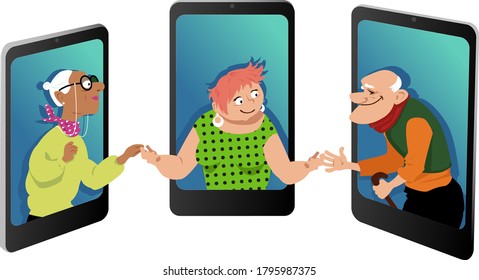 Senior support group communicate via smart phones, EPS 8 vector illustration