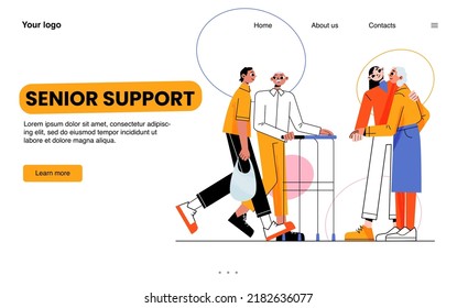 Senior support landing page. Volunteers help and care old people. Young assistants walk and shopping with pensioners. Social worker service, nursing house or hospice aid, Linear flat vector web banner