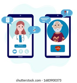 Senior talking by mobile phone with a doctor online from home. Concept of telemedicine, medical treatment, consultation service during pandemic. Doctor with old patient meet online. 