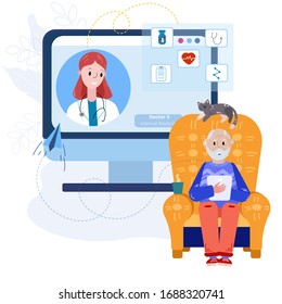 Senior talking with a doctor online from home sitting in the armchair. Concept of telemedicine, medical treatment, consultation service during pandemic. Doctor with old patient meet online from home. 