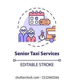 Senior taxi service concept icon. Set up delivery business abstract idea thin line illustration. Isolated outline drawing. Editable stroke. Roboto-Medium, Myriad Pro-Bold fonts used