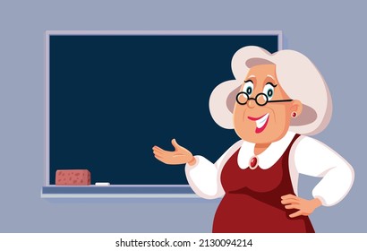 
Senior Teacher Pointing to the Blackboard Vector Cartoon Illustration. Elderly substitute teacher working a collaboration job after retirement 
