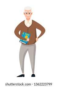 Senior teacher, professor standing in front, and hold the book. Cartoon character design. Flat vector illustration isolated on white background.