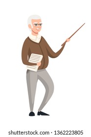 Senior teacher, professor standing in front, and holds pointer with educational material on paper. Cartoon character design. Flat vector illustration isolated on white background.