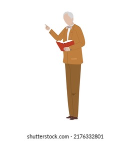 Hochrangiger Lehrer, Professor steht vor und hält das Buch. Zeichentrickdesign. Flache Vektorgrafik einzeln auf weißem Hintergrund.