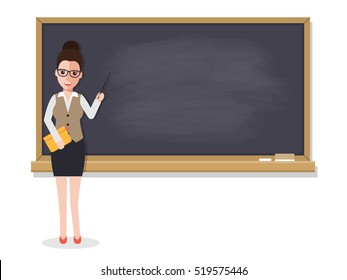 Senior teacher, professor standing in front of blackboard teaching student in classroom at school, college or university. Flat design people characters.