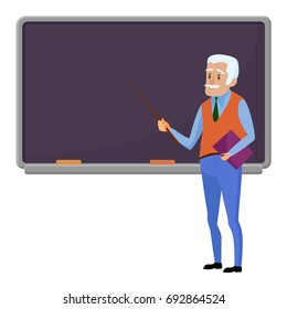 Senior teacher professor standing near blackboard in classroom at school, college or university. Flat design cartoon male character.