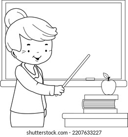 Senior teacher in the school classroom. Vector black and white coloring page.