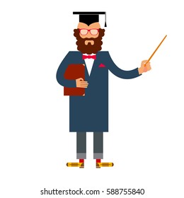 Senior teacher, scientist professor in graduation gown, trencher, bow tie and glasses standing with pointer. Lecturer illustration for educational concepts, courses, trainings. Flat design