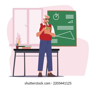 Senior Teacher Stand at Blackboard Explain Geometry Science to Students. Aged Tutor Male Character Holding Textbook at Chalkboard with Figures and Theorems. Cartoon People Vector Illustration