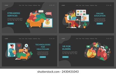 Senior tech engagement set. Comfort with home gadgets, healthcare monitoring and pursuing knowledge online. Fostering digital literacy among elderly. New knowledge in modern world. Vector illustration