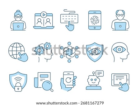 Senior tech path outline icons bundle, learning concept. Computer use, internet safety, online communication, and technology skills signs. Editable stroke.