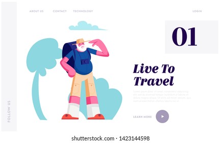 Senior Tourist with Backpack in City Trip, Elderly Traveling Man with Photo Camera Travel at Summer Time in Foreign Country Website Landing Page, Web Page. Cartoon Flat Vector Illustration, Banner