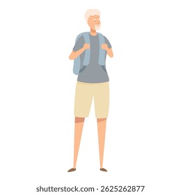 Senior tourist is carrying a backpack and enjoying his vacation trip