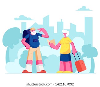 Senior Tourist Characters Watching Map in City Trip, Elderly Traveling People with Photo Camera and Luggage Search Right Way in Foreign Country, Aged Couple Voyage. Cartoon Flat Vector Illustration