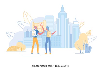 Senior Tourist Characters Watching Map in Abroad Trip,Traveling People with Backpacks Searching Right Way in Foreign Country, Aged Couple Trip, Retirement Lifestyle. Cartoon Flat Vector Illustration