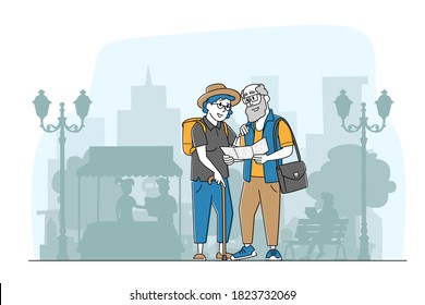 Senior Tourist Couple Characters with Luggage Watching Map in City Trip, Elderly People Traveling Searching Right Way in Foreign Country, Aged Persons in Voyage Abroad. Linear Vector Illustration