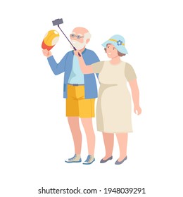 Senior Tourist Couple on Excursion or Sightseeing Tour Holding Selfie Stick Vector Illustration