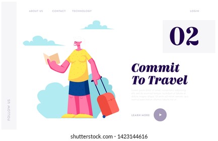 Senior Tourist Female Character with Luggage Watching Map in City Trip, Elderly Woman Searching Right Way in Foreign Country Website Landing Page, Web Page. Cartoon Flat Vector Illustration, Banner