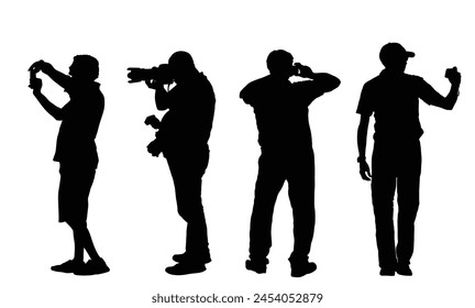 Senior tourist photographer with camera vector silhouette. Journalist mature man traveler capture interesting view. Secret agent duty. Passenger on vocation take photos. Veteran crew safari friends.