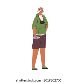 Senior tourist standing with camera and water bottle in hand. Mature travel photographer during sightseeing. Modern old man in trip. Flat vector illustration of traveler isolated on white background