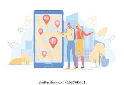 Senior Tourists Couple Searching Places in Foreign City Using Mobile Application on Smartphone. Old People Use Smart Technologies in Traveling. Active Pensioners Trip. Cartoon Flat Vector Illustration