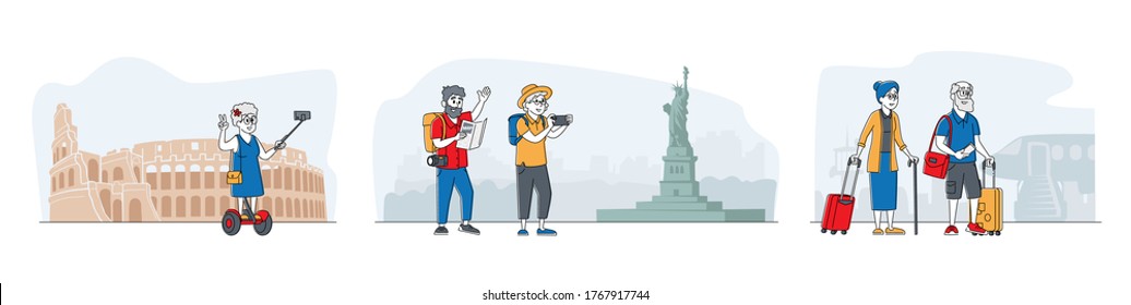 Senior Tourists in Foreign City Searching Place with Map, Using Mobile for Making Selfie. Old Characters Use Smart Technologies in Traveling. Active Pensioners Trip. Linear People Vector Illustration