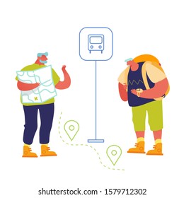 Senior Tourists Searching Places in Foreign City Using Map and Mobile Application with Gps. Old People Use Smart Technologies in Traveling. Active Pensioners Trip. Cartoon Flat Vector Illustration