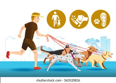 Senior Trainer Have Control Exercise With A Dog. Icon Of Pet In City. 