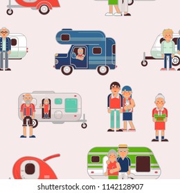 Senior travel vector elderly family couple travelling on camping trailer and retired character on a vacation motor caravan illustration set of grandparents on a car seamless pattern background