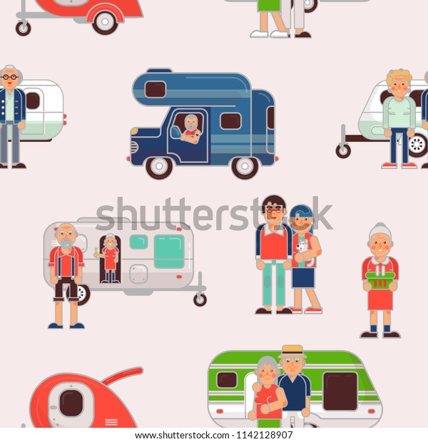 Senior travel vector elderly family couple\
travelling on camping trailer and retired character on a vacation\
motor caravan illustration set of grandparents on a car seamless\
pattern background