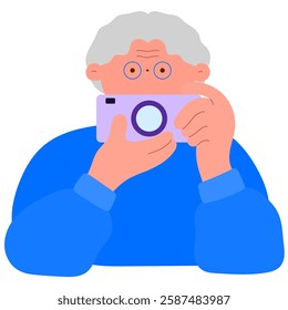 senior traveler capturing moments with a camera flat vector illustration