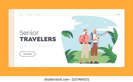 Senior Travelers Landing Page Template. Elderly People Traveling Search Right Way in Tropical Country. Aged Persons in Voyage Abroad. Tourist Couple Characters in Jungle. Cartoon Vector Illustration