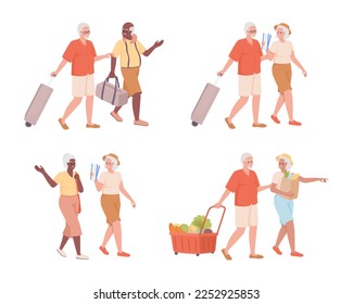 Senior travelers semi flat color vector characters set. Going on trip, shopping. Editable figures. Full body people on white. Simple cartoon illustration pack for web graphic design and animation
