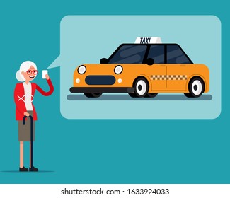 Senior using mobile device taxi service  access application. Transport service mobile application.