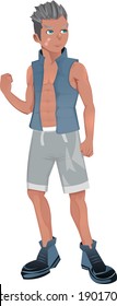 Niño vectorial de alto rango con chaleco azul y pantalones de playa grises, músculos en topless