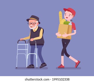 Senior with walker, aged handicapped man and male volunteer helping. Elderly citizen social support, courier carrying food bags, shop, market delivery service. Vector flat style cartoon illustration