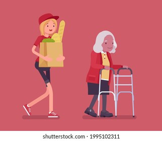 Senior with walker, aged handicapped woman, female volunteer helping. Elderly citizen social support, courier carrying food bags, shop, market delivery service. Vector flat style cartoon illustration