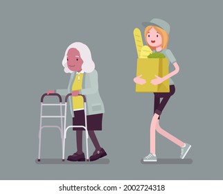Senior with walker, aged handicapped woman, female volunteer helping. Elderly citizen social support, courier carrying food bags, shop, market delivery service. Vector flat style cartoon illustration