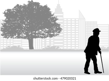 Senior walking in the city.