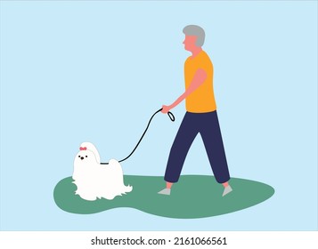 Senior Walking With A Dog. Old Man With A White Maltese Puppy, Flat Vector Illustration