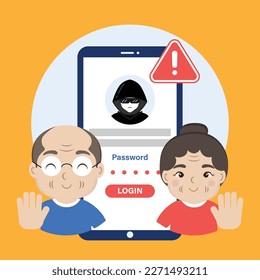 Senior Warning Phone from Hacked login and password. Cyber crime. Illustration vector