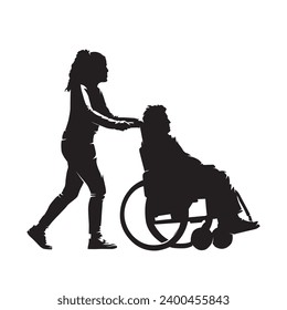 Senior in wheelchair is assisted by assistant, isolated vector silhouette