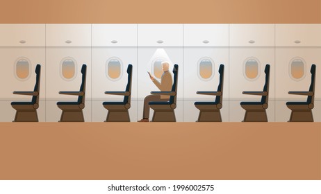 A senior white hair man is reading a book in a plane cabin alone in an orange morning sunrise. Vector of travel lifestyle concept of activity on a long journey. Airplane interior with an empty seat.