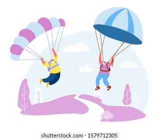 Senior White Haired Men Skydivers in Sports Wear Uniform Floating in Sky with Chutes. Happy Aged Pensioner Characters Doing Extreme Sport, Skydiving with Parachute, Cartoon Flat Vector Illustration