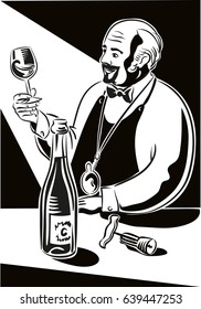 Senior wine taster, observes the color of the wine from a glass.